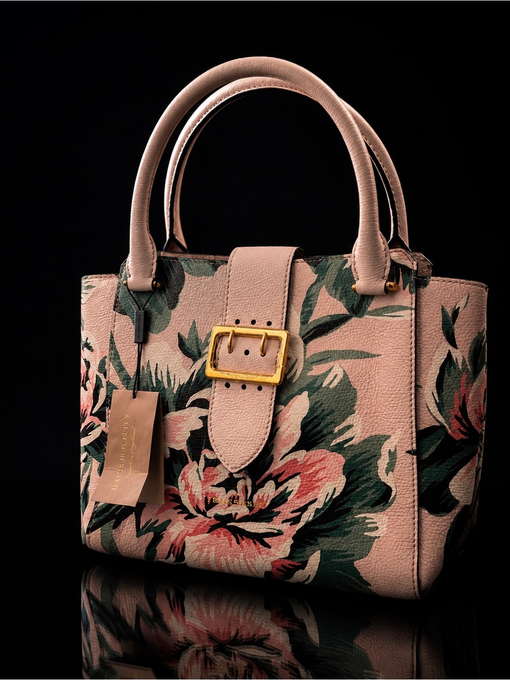 New with Tag! Burberry $1700 Floral Print  Leather Tote Bag with Gold Buckle